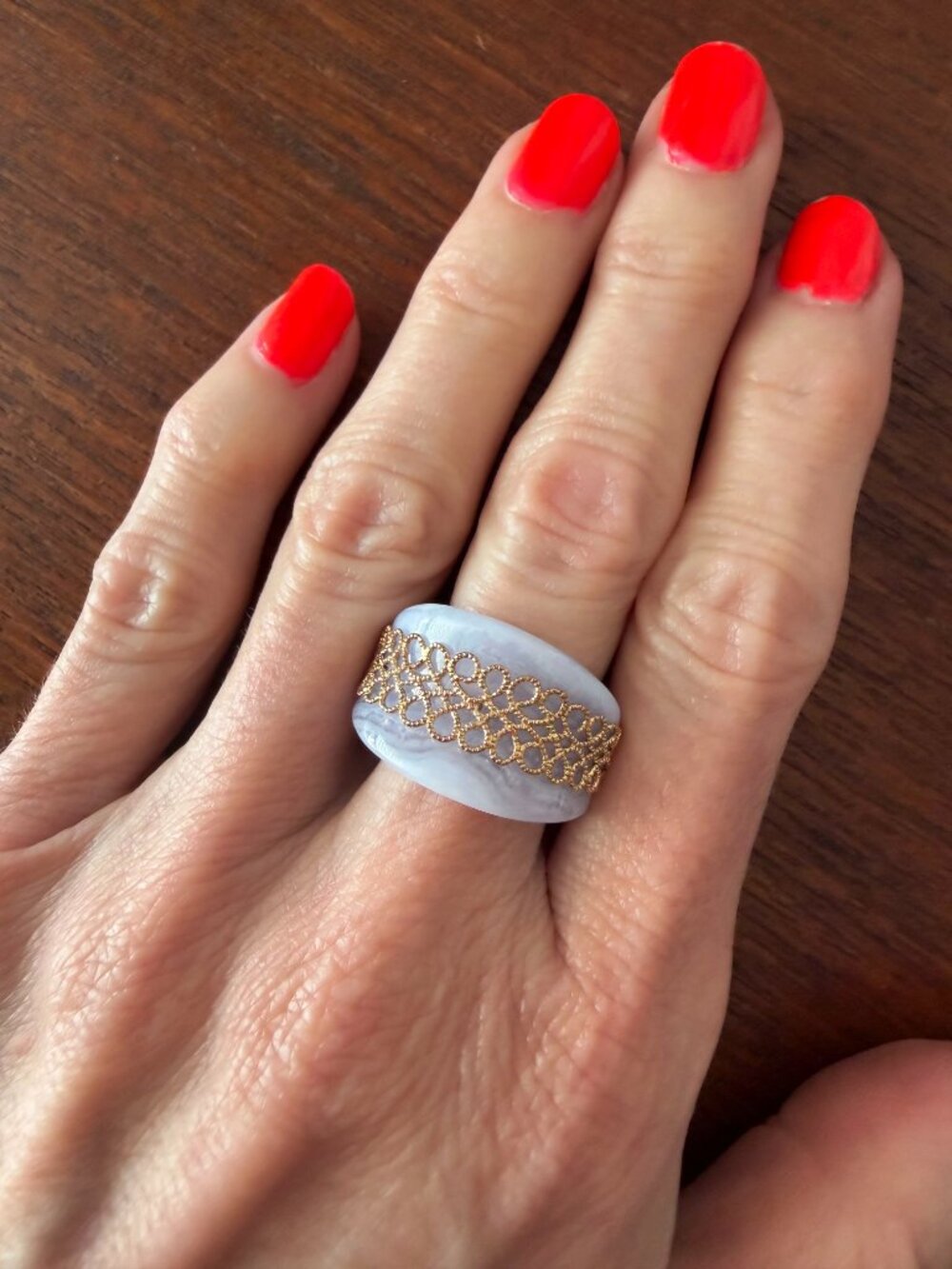 Sterling Silver Blue Lace Agate 14K Gold Clad Band Ring